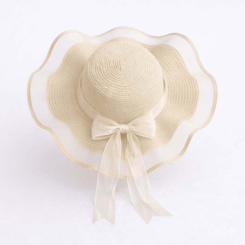Seli Pearl Bloom – Nón Vành Lượn Sóng Nơ Voan Kem