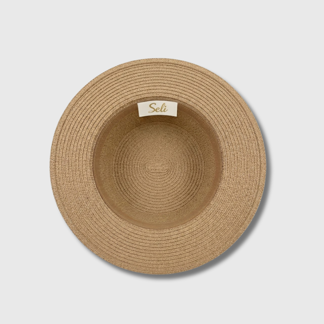 Nón cói vành rộng nữ form boater phối dây da màu be - Ảnh 2